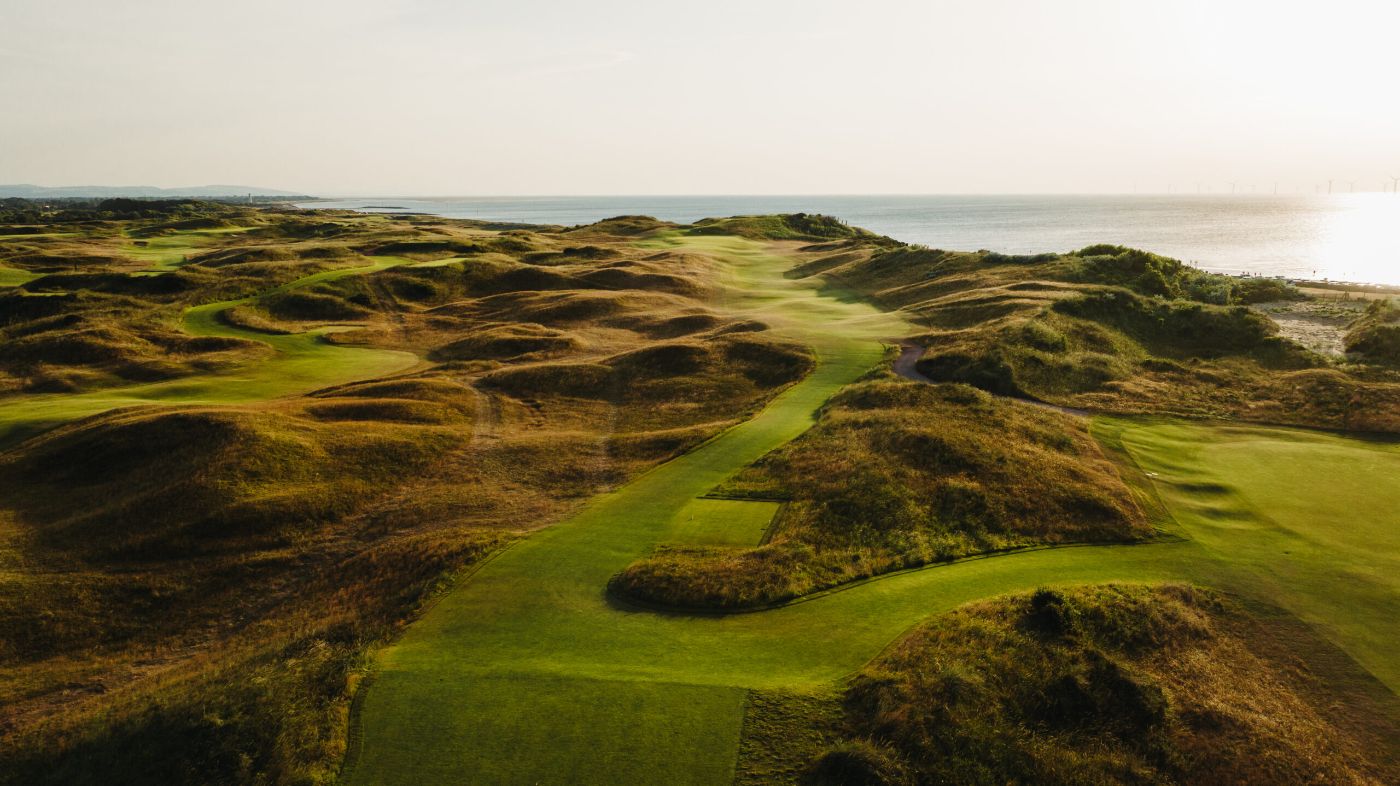 Aerial view of the links, fairways and dunes at Wallasey Golf Club