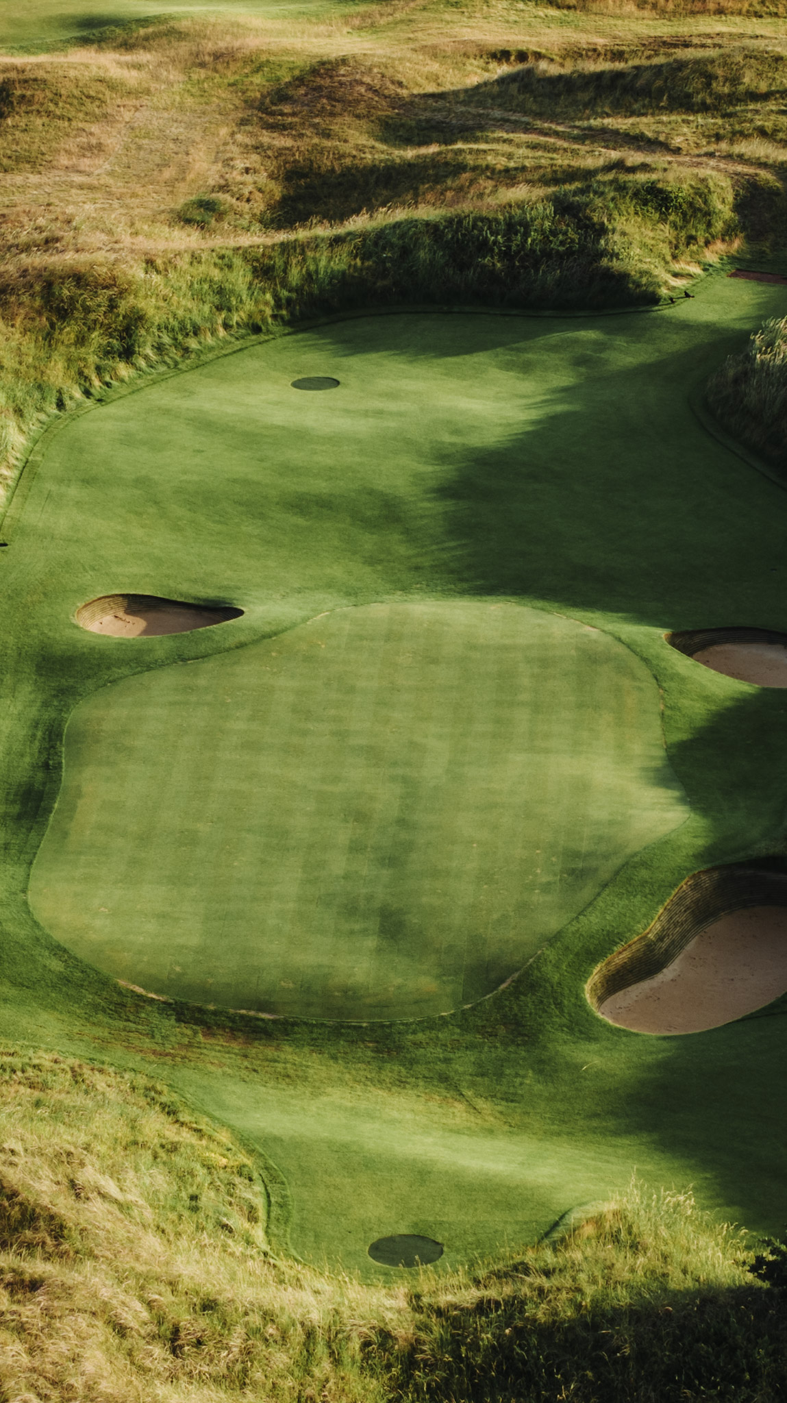 The short game green from directly overhead, with several cups cut and three bunkers around it